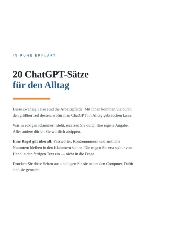 Die erste Seite des PDFs: Titel „20 ChatGPT-Sätze für den Alltag“ und eine kurze Einleitung in großer Schrift.