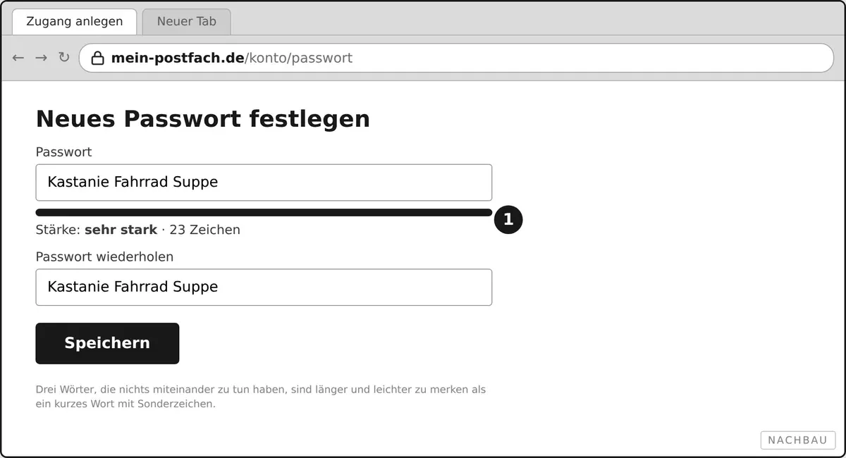 Ein nachgebautes Passwortfeld mit einem langen Wörter-Passwort und der Stärkeanzeige.
