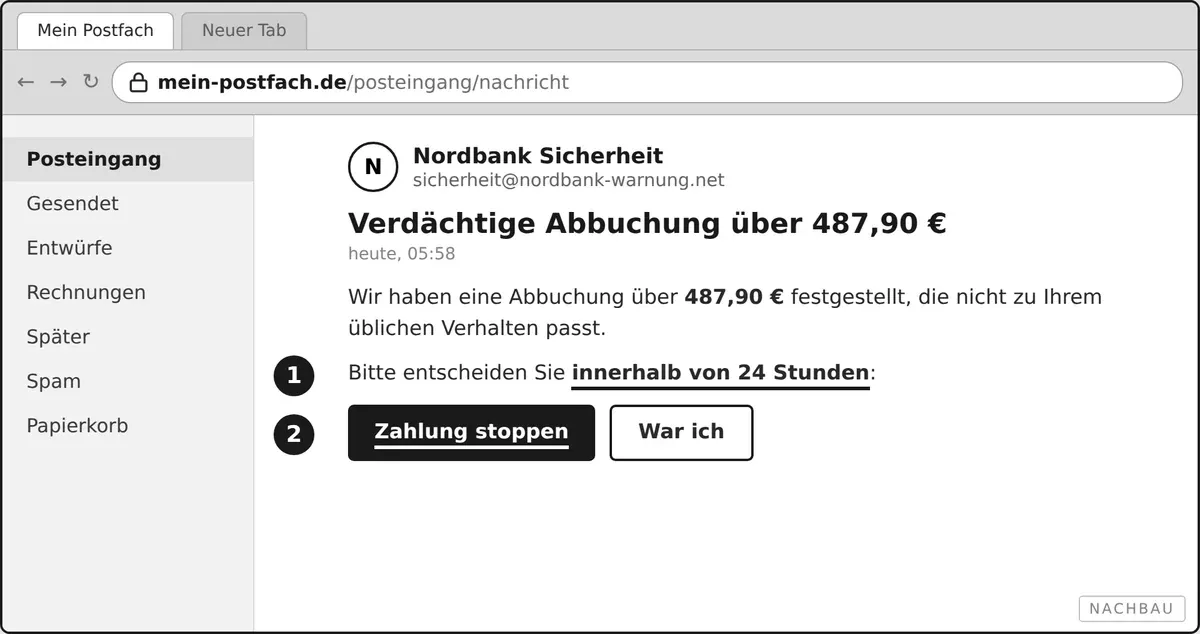 Eine nachgebaute Nachricht, die vor einem verdächtigen Zugriff warnt und zur Bestätigung auffordert.
