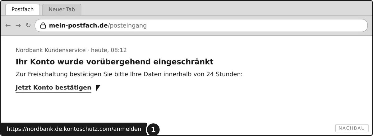 Der Mauszeiger liegt auf einem Link, unten links im Fenster erscheint die wahre Zieladresse.