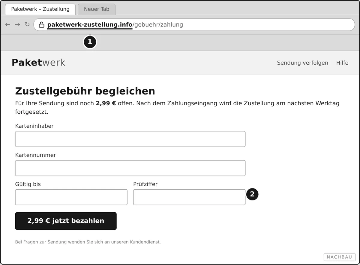 Eine nachgebaute Nachricht über eine angebliche Paketgebühr mit Formular für die Kartendaten.