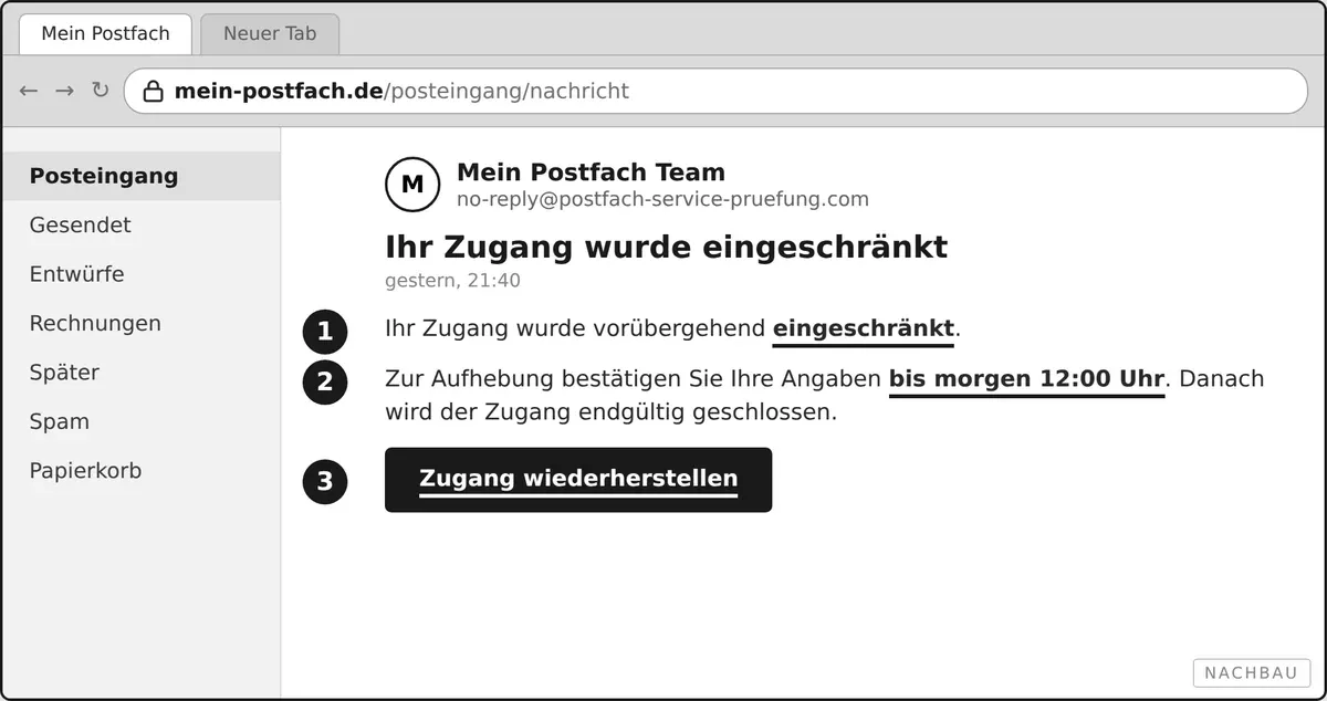 Eine nachgebaute Nachricht über ein angeblich gesperrtes Konto mit Anmeldelink und Frist.