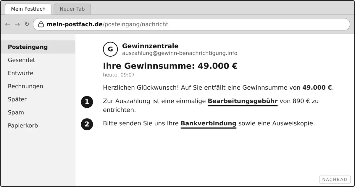 Eine nachgebaute Gewinnbenachrichtigung mit Gebühr vor der Auszahlung.