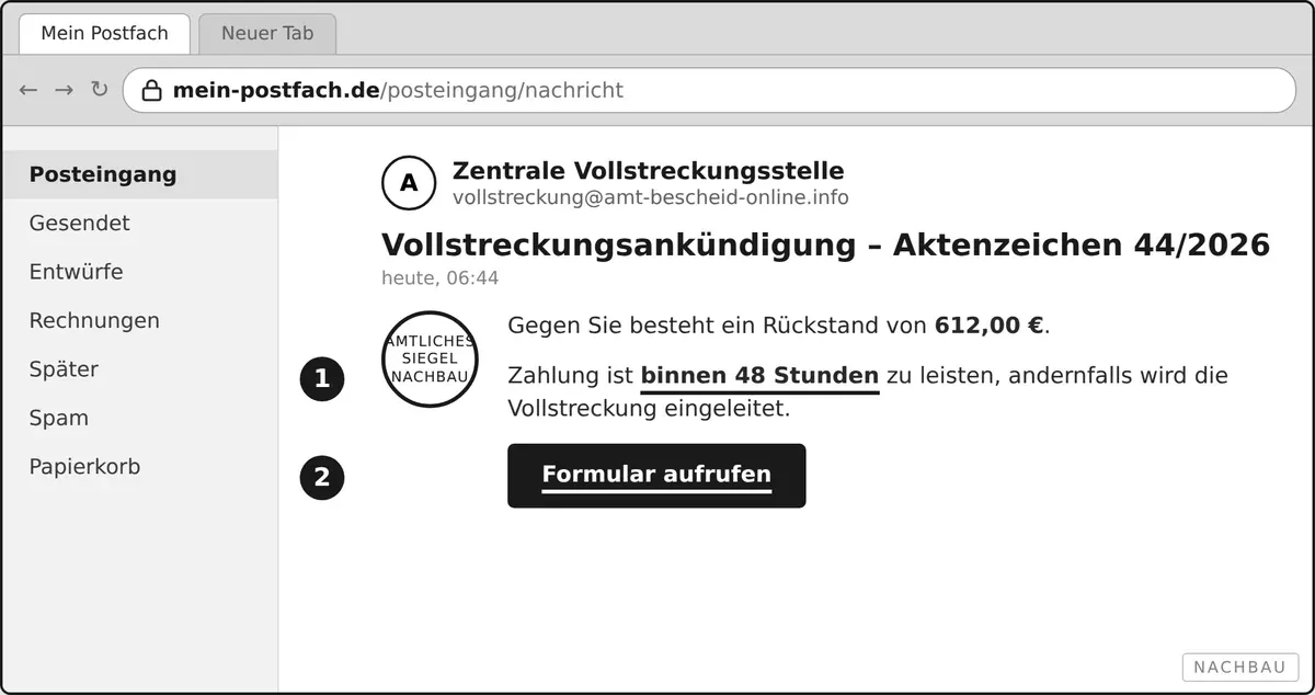 Eine nachgebaute Nachricht angeblich von einer Behörde, mit Betrag, Frist und Formular.